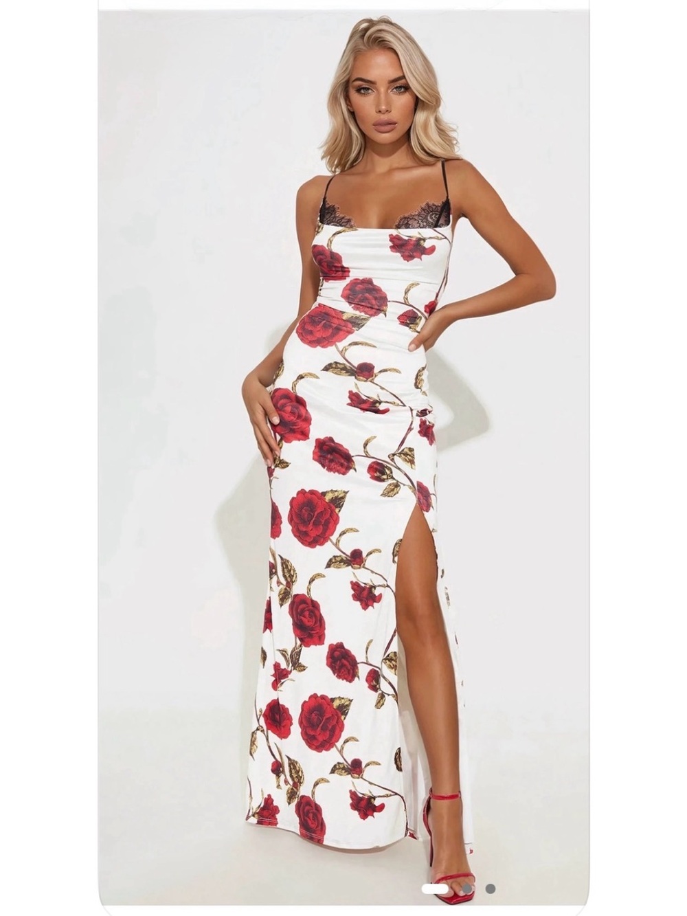 Fashion Nova White Maxi Dress with Red Rose Print and Black Lace Trim
